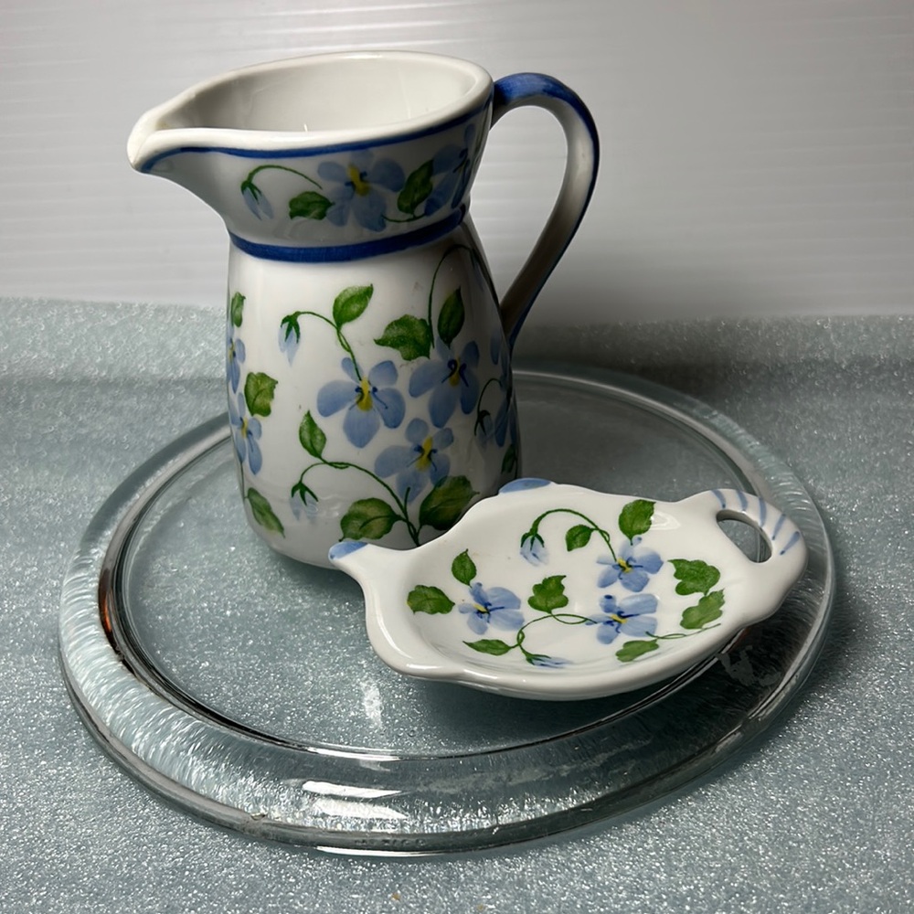Floral Blue and White Ceramic Pitcher and Dish Set